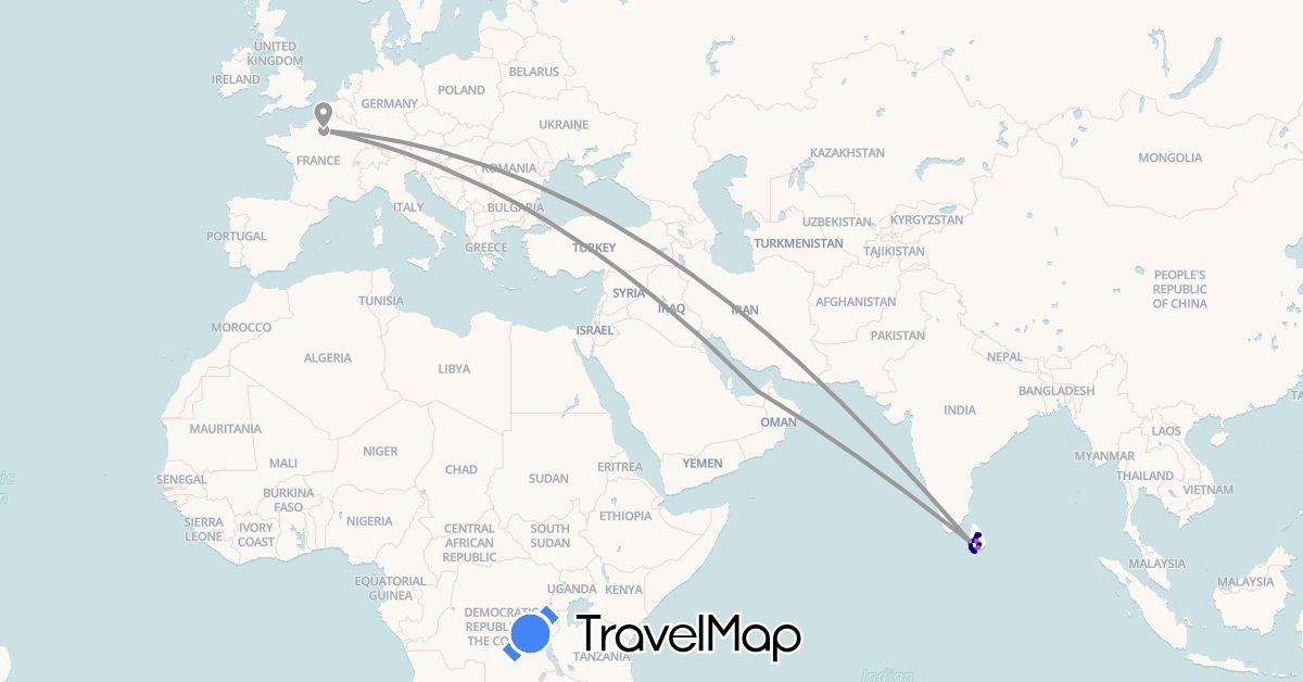 TravelMap itinerary: driving, bus, plane, train, hiking in United Arab Emirates, France, Sri Lanka (Asia, Europe)
